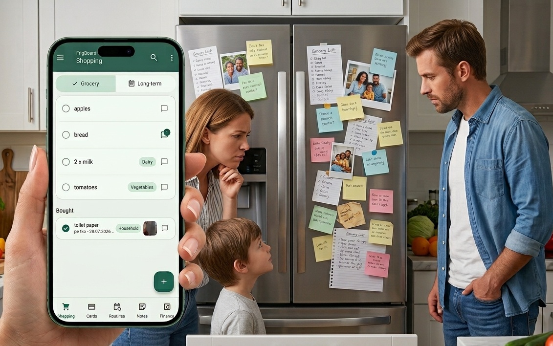 A family shopping with a shared FrigBoard list on their phone